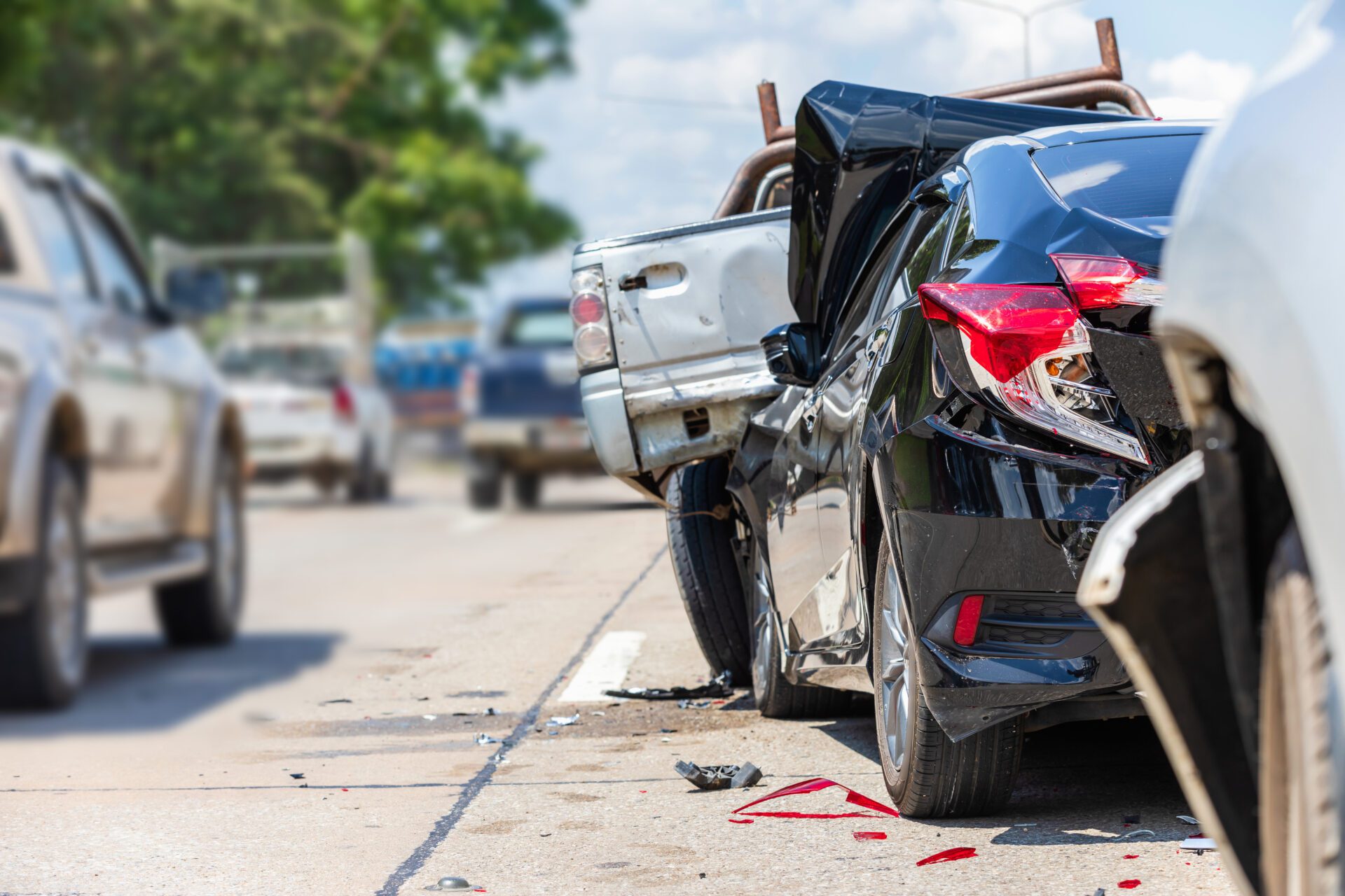 Modern car accident involving many cars on the road in Thailand